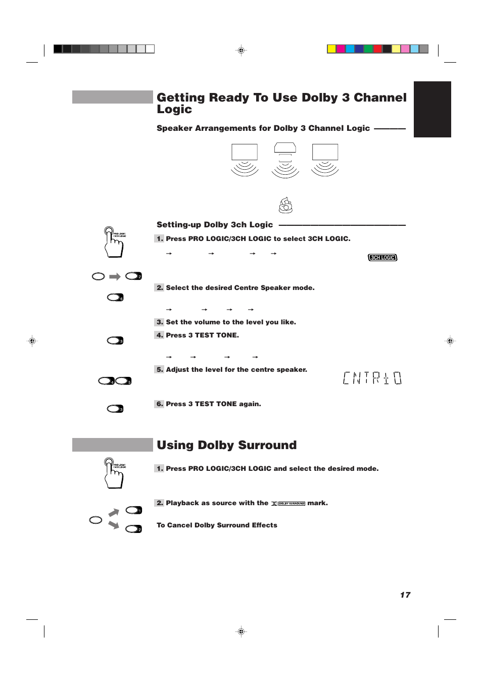 Getting ready to use dolby 3 channel logic, Using dolby surround, 17 english | JVC CA-D752TR User Manual | Page 21 / 49