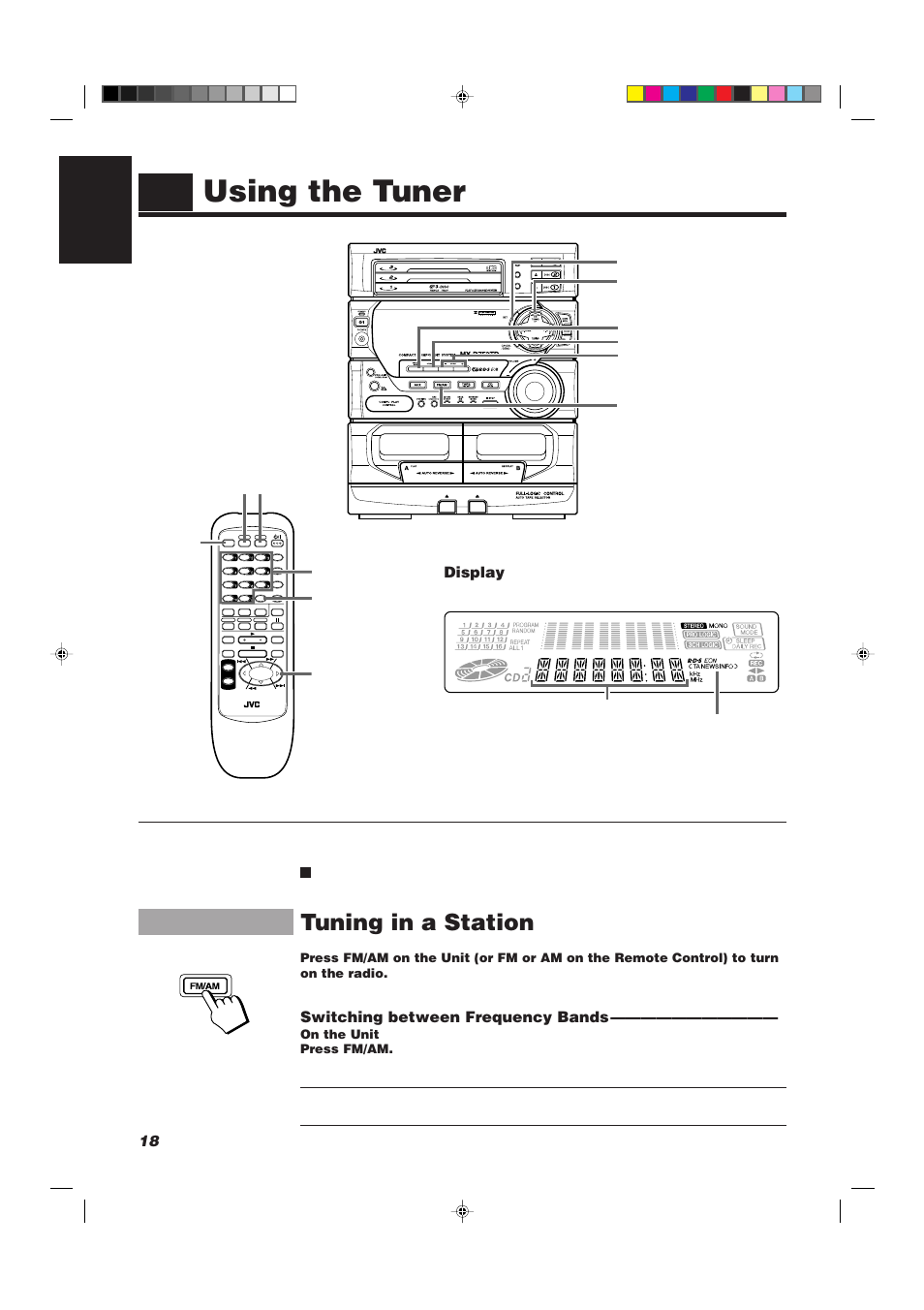 Using the tuner, Tuning in a station, 18 english | Switching between frequency bands, Display, On the unit press fm/am, Compu play | JVC CA-D752TR User Manual | Page 22 / 49