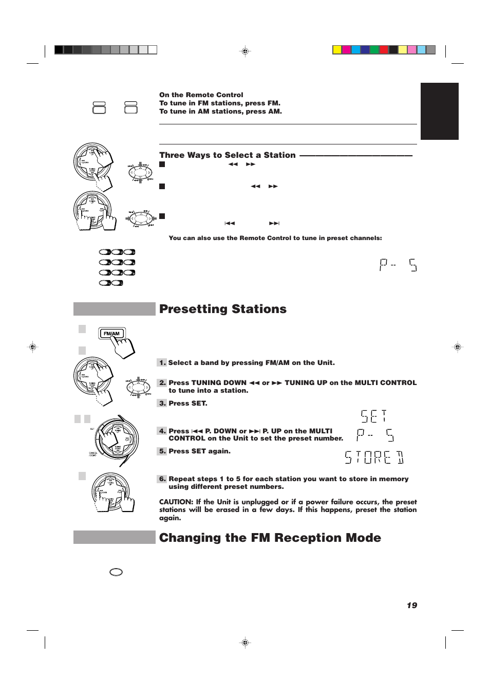 Presetting stations, Changing the fm reception mode, 19 english | Three ways to select a station | JVC CA-D752TR User Manual | Page 23 / 49