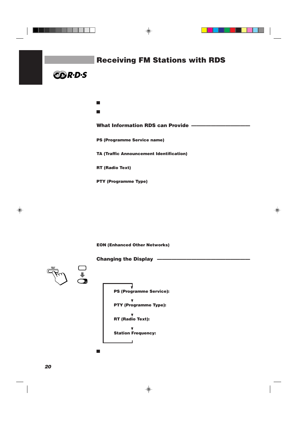 Receiving fm stations with rds, 20 english, What information rds can provide | Changing the display | JVC CA-D752TR User Manual | Page 24 / 49