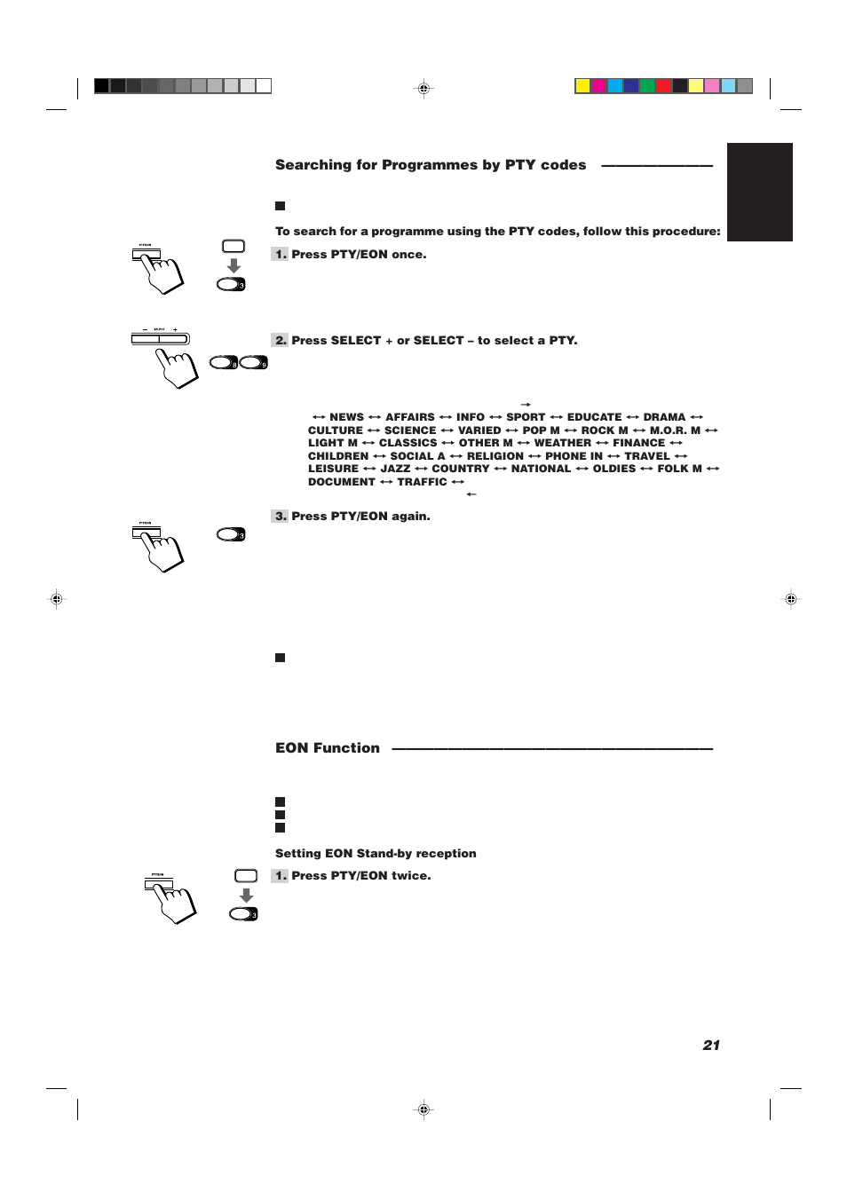 21 english searching for programmes by pty codes, Eon function | JVC CA-D752TR User Manual | Page 25 / 49