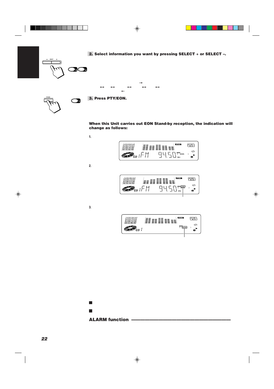 Station name), 22 english, Alarm function | JVC CA-D752TR User Manual | Page 26 / 49