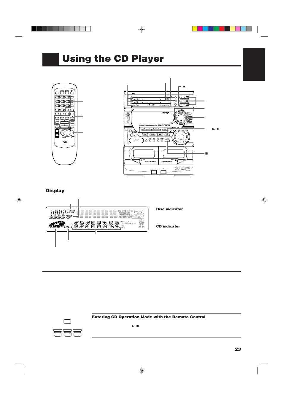 Using the cd player, 23 english, Display | Entering cd operation mode with the remote control, Cd player control buttons number keys | JVC CA-D752TR User Manual | Page 27 / 49