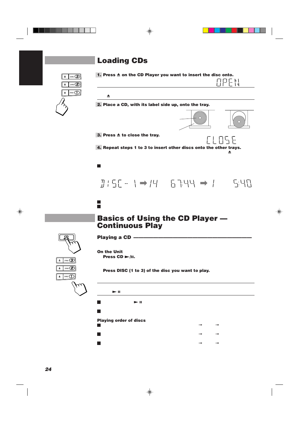 Loading cds, Basics of using the cd player — continuous play | JVC CA-D752TR User Manual | Page 28 / 49