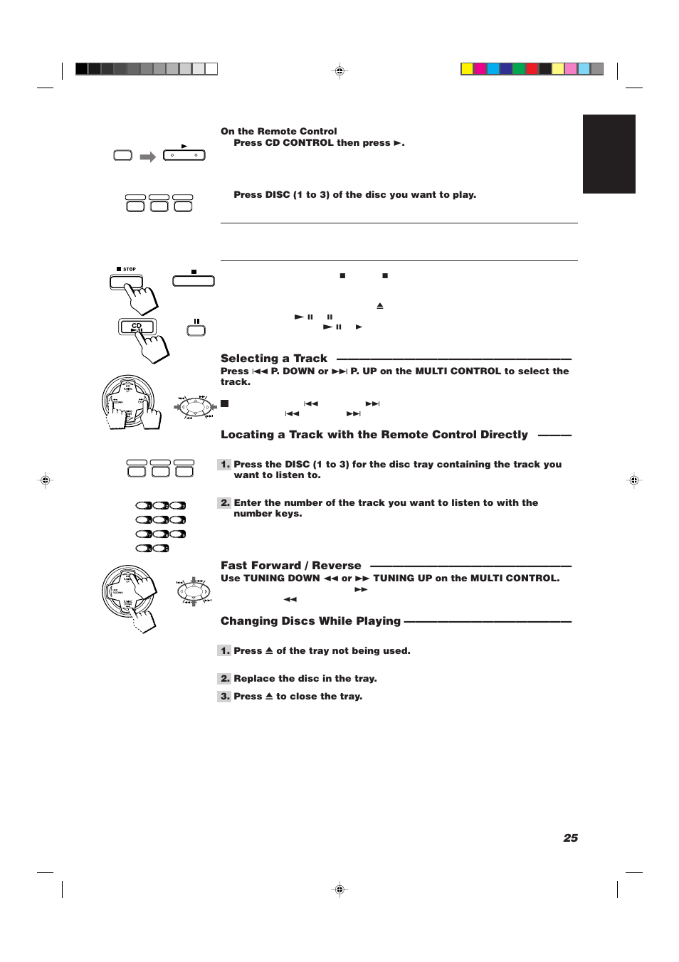 25 english, Selecting a track, Locating a track with the remote control directly | Fast forward / reverse, Changing discs while playing | JVC CA-D752TR User Manual | Page 29 / 49