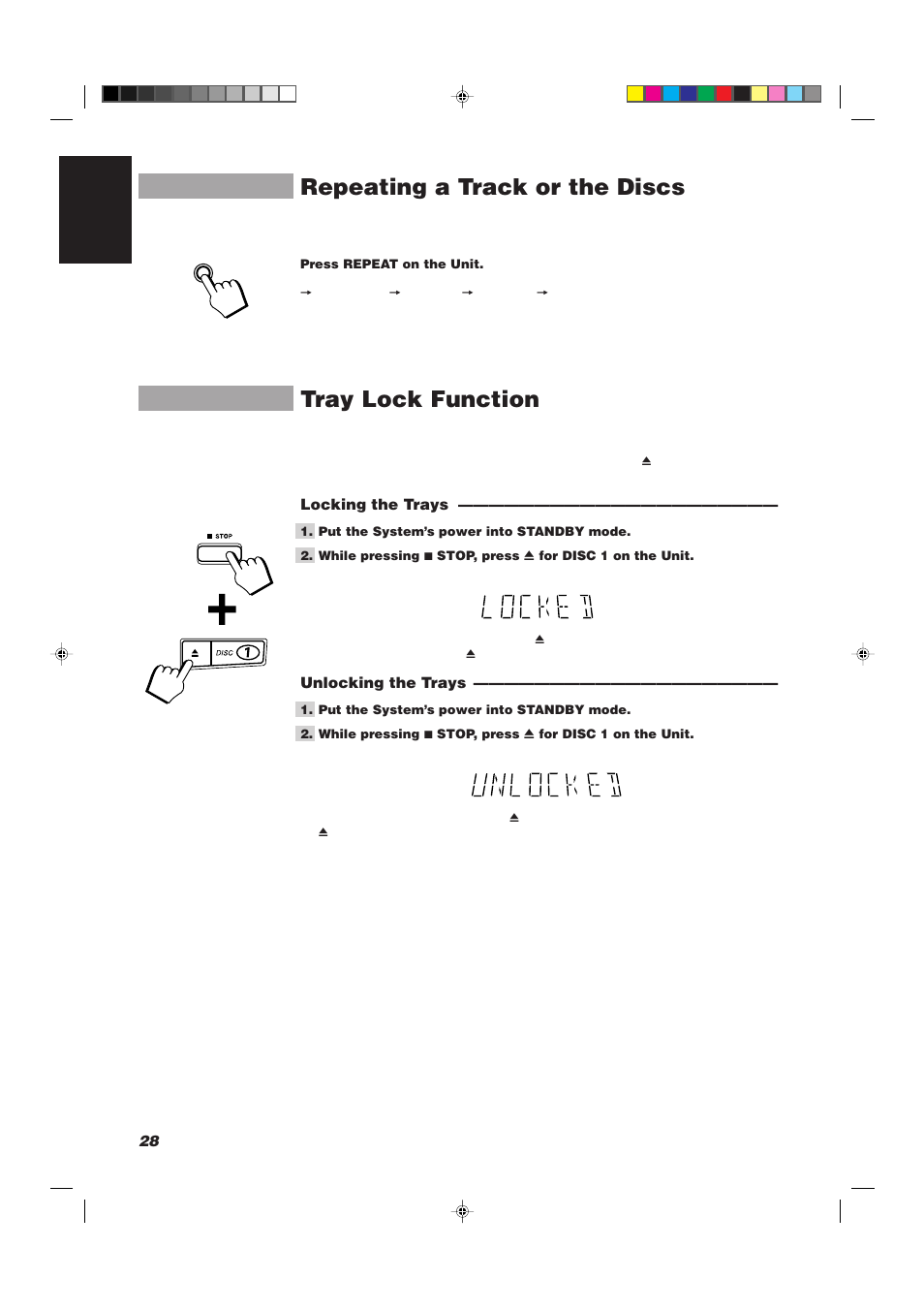 Repeating a track or the discs, Tray lock function | JVC CA-D752TR User Manual | Page 32 / 49