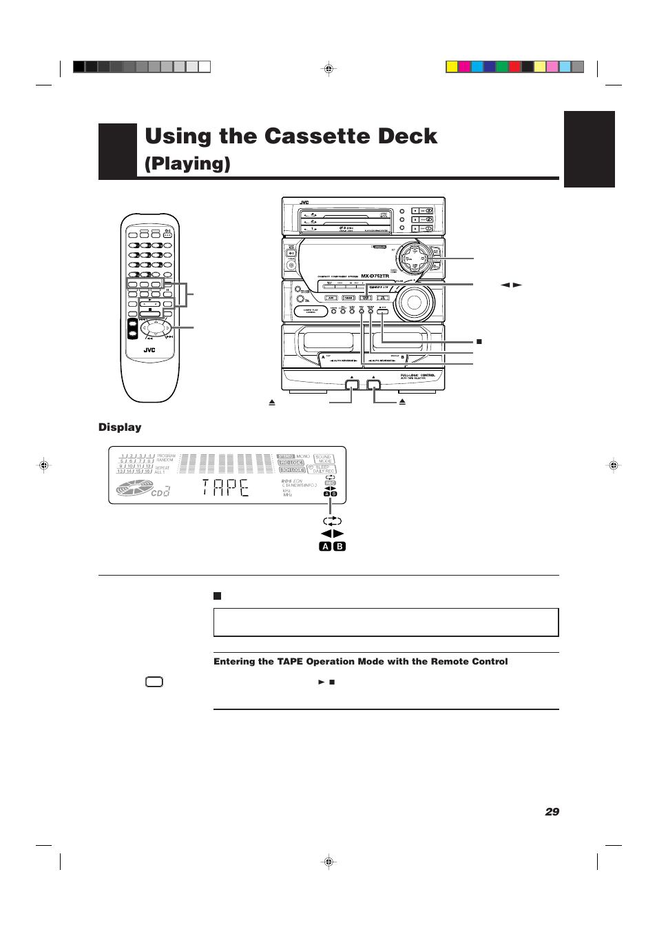 Using the cassette deck, Playing), 29 english | Display, Cassette deck control buttons | JVC CA-D752TR User Manual | Page 33 / 49