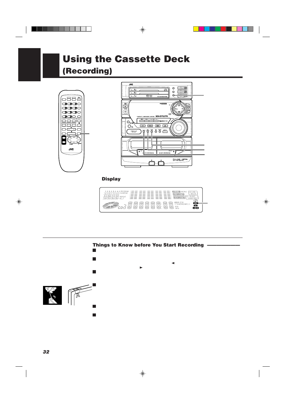 Using the cassette deck, Recording), 32 english | Things to know before you start recording, Display, Cd rec start rec start/stop dubbing, Rec pause | JVC CA-D752TR User Manual | Page 36 / 49