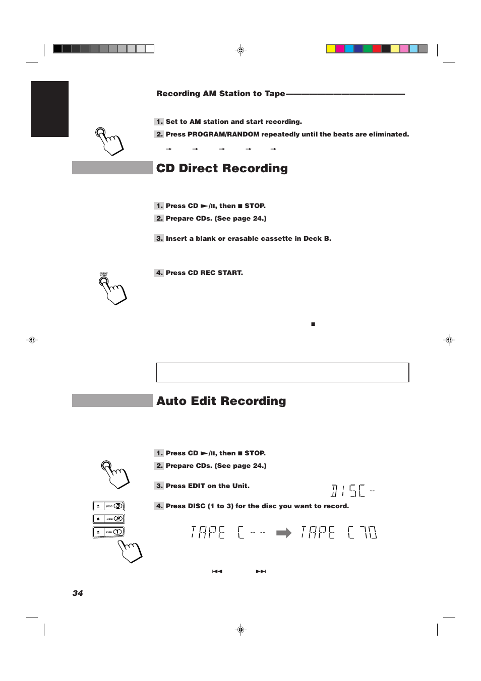 Cd direct recording, Auto edit recording | JVC CA-D752TR User Manual | Page 38 / 49