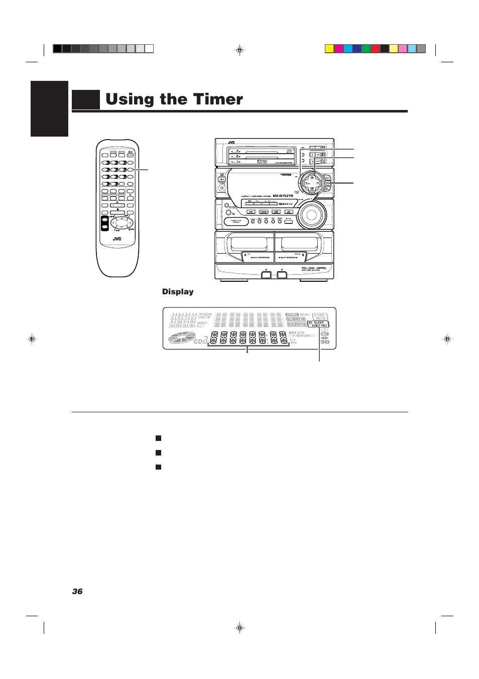 Using the timer, 36 english, Display | Multi control set | JVC CA-D752TR User Manual | Page 40 / 49