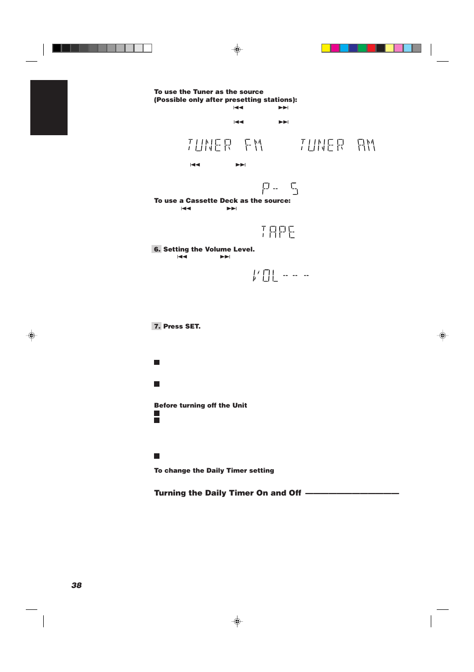 38 english, Turning the daily timer on and off | JVC CA-D752TR User Manual | Page 42 / 49