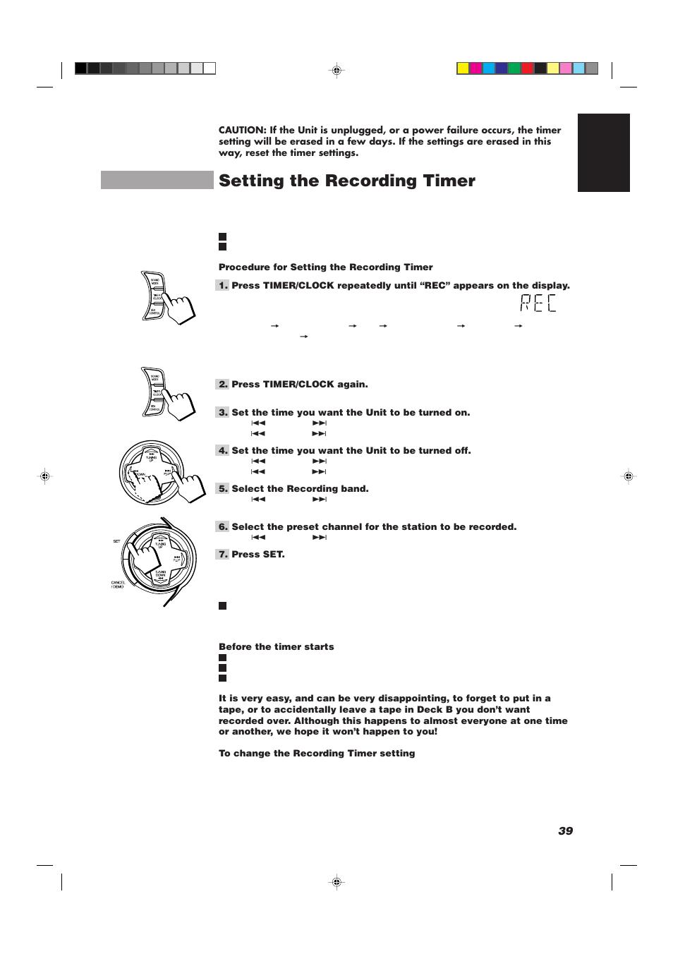 Setting the recording timer | JVC CA-D752TR User Manual | Page 43 / 49