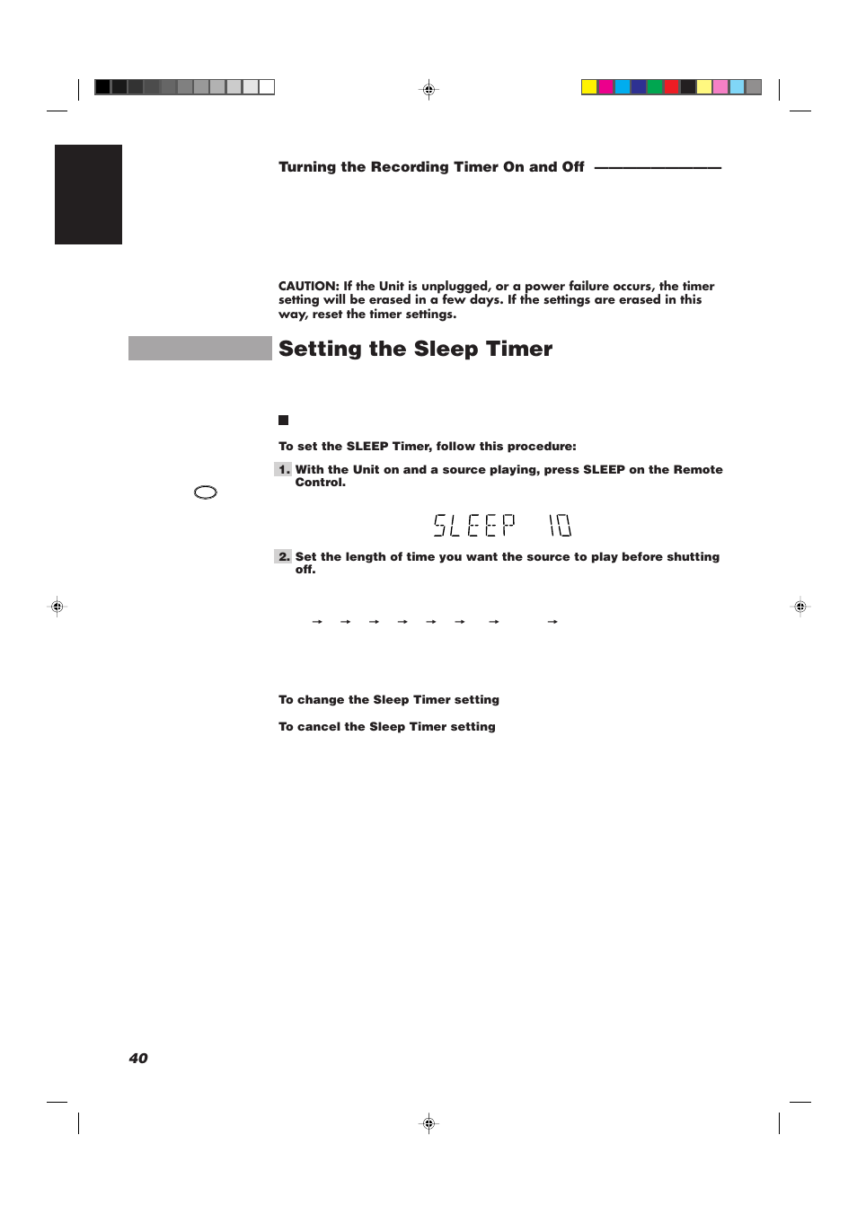 Setting the sleep timer, 40 english turning the recording timer on and off | JVC CA-D752TR User Manual | Page 44 / 49