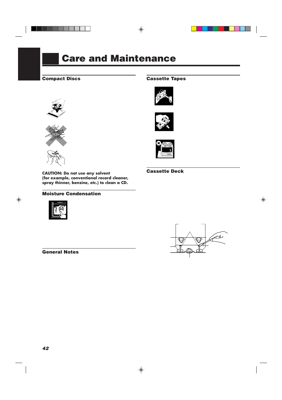 Care and maintenance, 42 english, Compact discs | Moisture condensation, Cassette tapes, Cassette deck | JVC CA-D752TR User Manual | Page 46 / 49