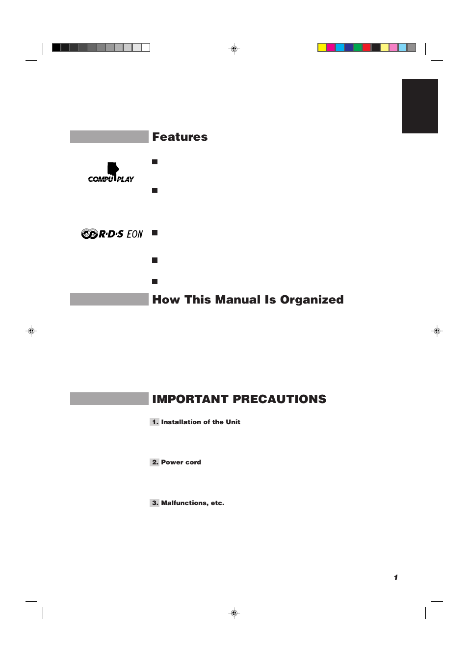 Features, How this manual is organized, Important precautions | 1english | JVC CA-D752TR User Manual | Page 5 / 49