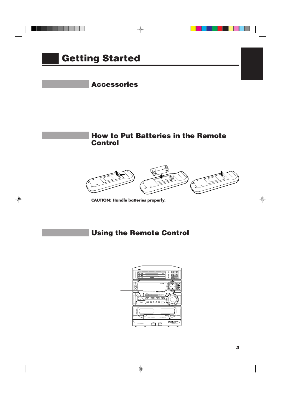 Getting started, Accessories, How to put batteries in the remote control | Using the remote control | JVC CA-D752TR User Manual | Page 7 / 49