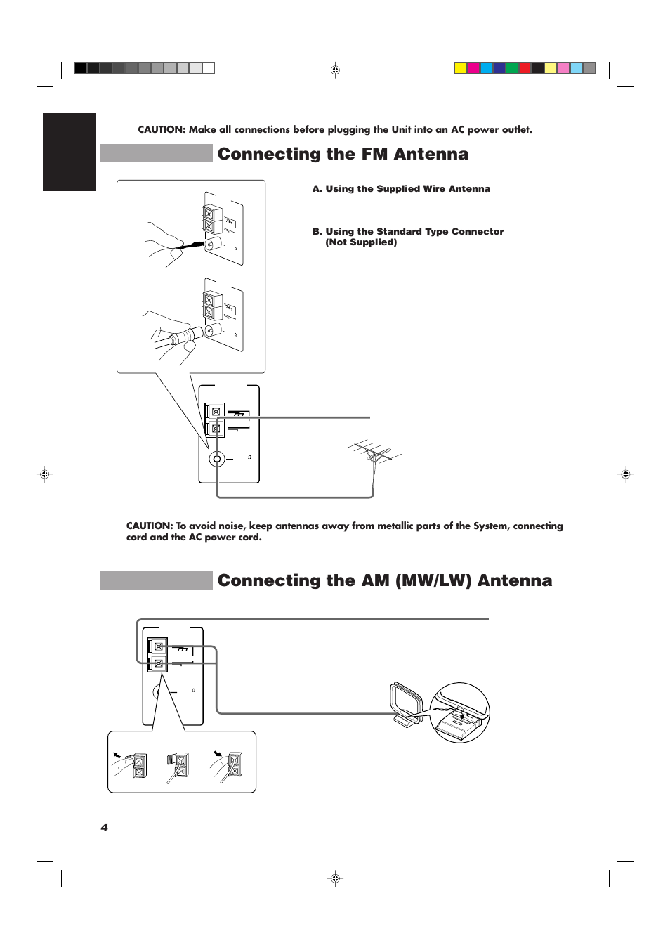 Connecting the fm antenna, Connecting the am (mw/lw) antenna, 4english | A. using the supplied wire antenna | JVC CA-D752TR User Manual | Page 8 / 49