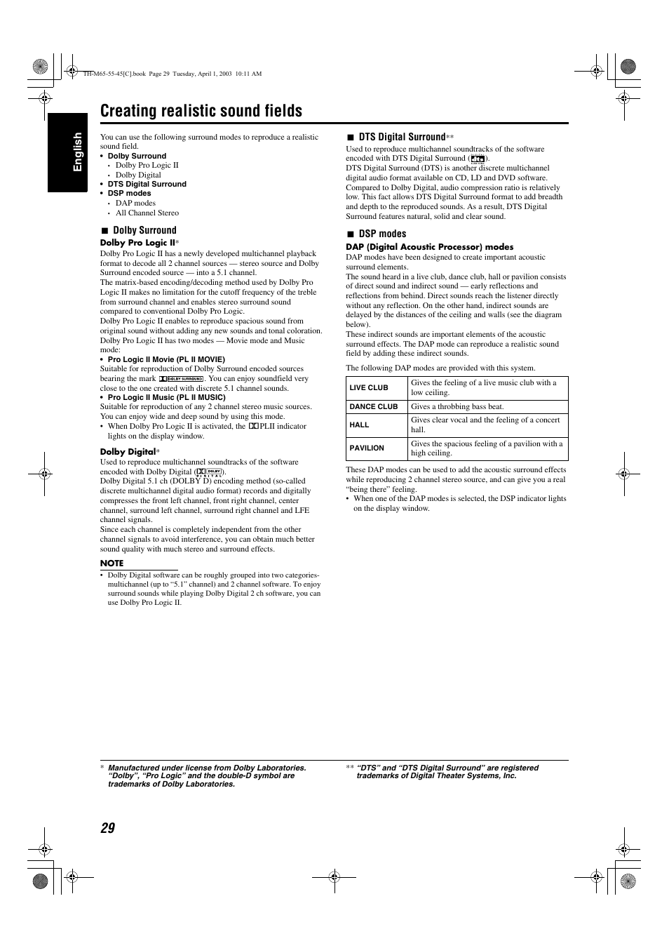 Creating realistic sound fields, A pg. 29, A pg. 29 – 3 | A pg. 29), Dap (digital acoustic processor) mode – 32, Dolby digital – 31 dolby pro logic ii – 31, Dsp mode – 32 dts digital surround – 31, Surround mode – 32, English | JVC TH-M45 User Manual | Page 100 / 134