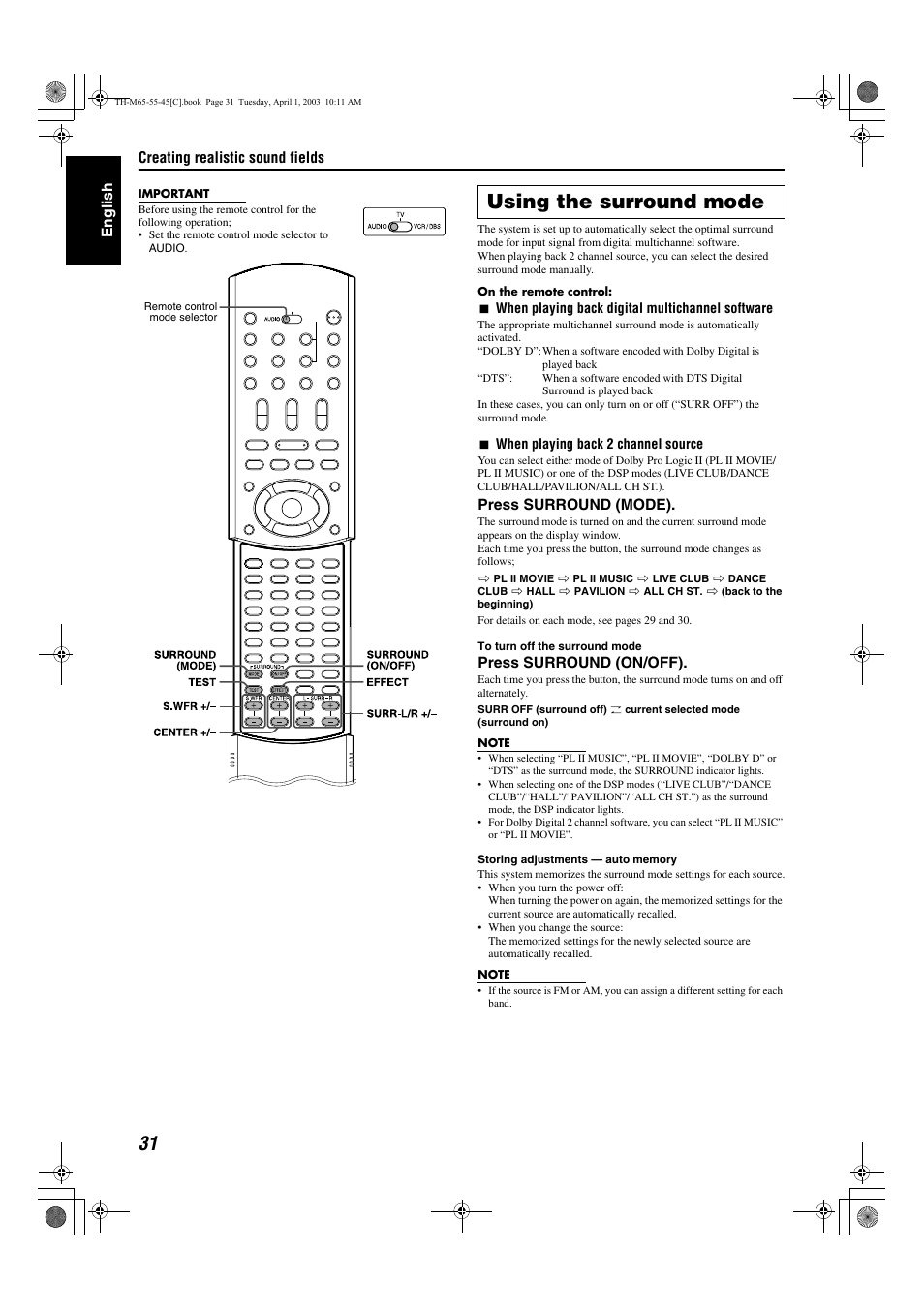 A pg. 31, Ound mode, A pg. 31) curr | A pg. 31), Und), Round mode, Using the surround mode | JVC TH-M45 User Manual | Page 102 / 134