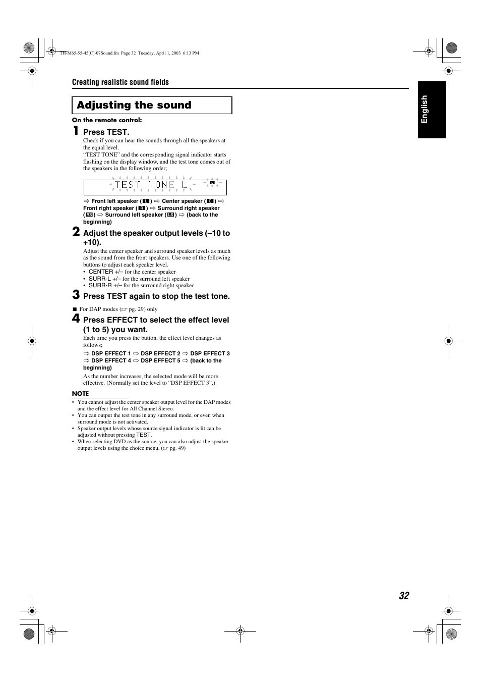 A pg. 32, A pg. 32), Test tone (test tone) , 50 | Adjusting the sound | JVC TH-M45 User Manual | Page 103 / 134