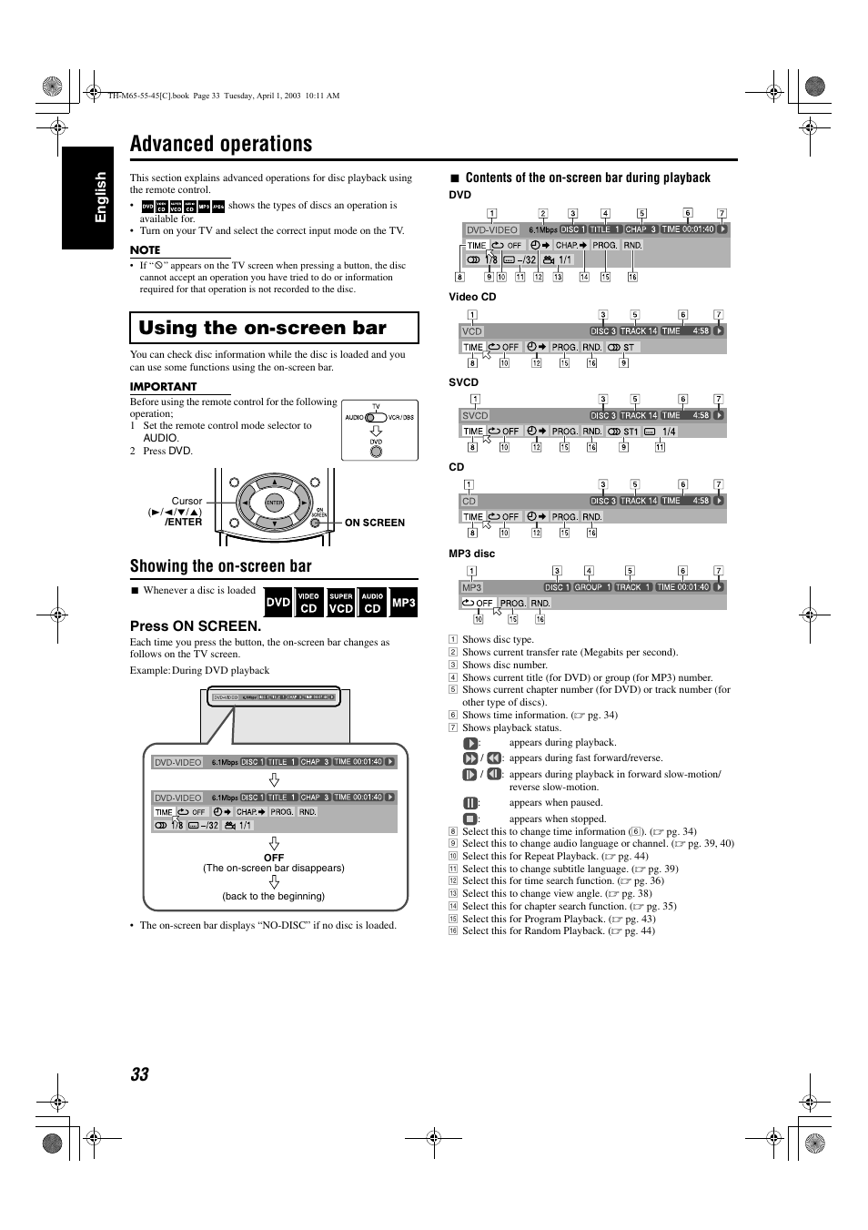 Advanced operations, A pg. 33, 33 to 45 | A pg. 33), On-screen bar, Using the on-screen bar, Showing the on-screen bar | JVC TH-M45 User Manual | Page 104 / 134