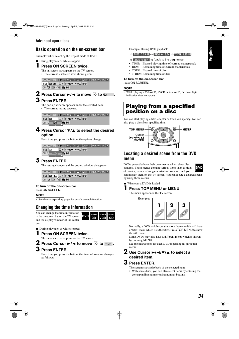 A pg. 34, A pg. 34), Menu) | Playing from a specified position on a disc | JVC TH-M45 User Manual | Page 105 / 134