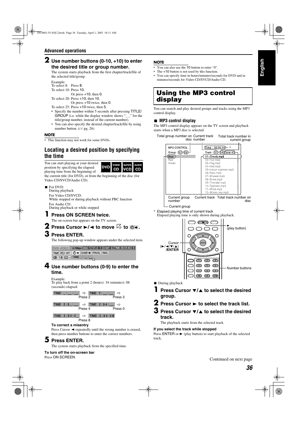 L display, A pg. 36) appears on the tv screen and, Display | A pg. 36, A pg. 36), Ol display, Using the mp3 control display, Locating a desired position by specifying the time | JVC TH-M45 User Manual | Page 107 / 134