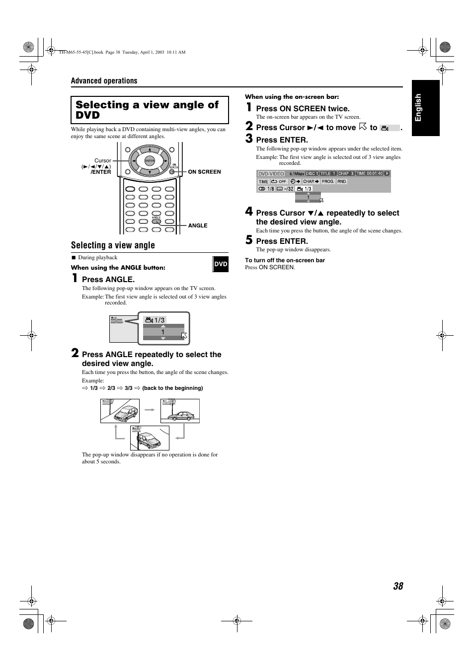 A pg. 38, A pg. 38), Angle | Selecting a view angle of dvd | JVC TH-M45 User Manual | Page 109 / 134