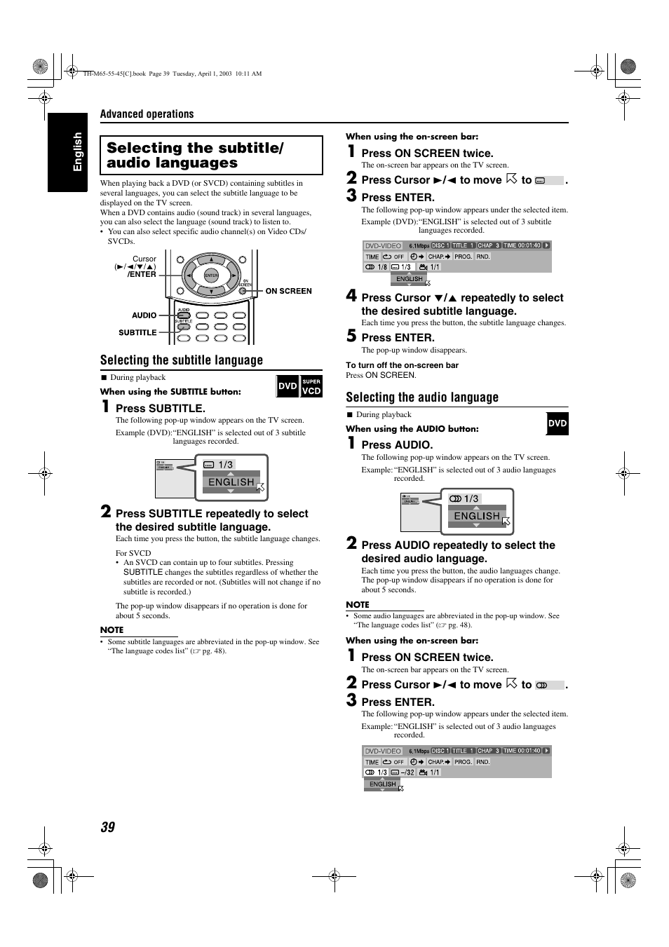 A pg. 39, 40, Title), A pg. 39 | A pg. 39), Audio language (audio language) , 48, Subtitle language (subtitle) , 48, Udio), A pg. 39, 4, Annel, A pg. 39, 40) | JVC TH-M45 User Manual | Page 110 / 134