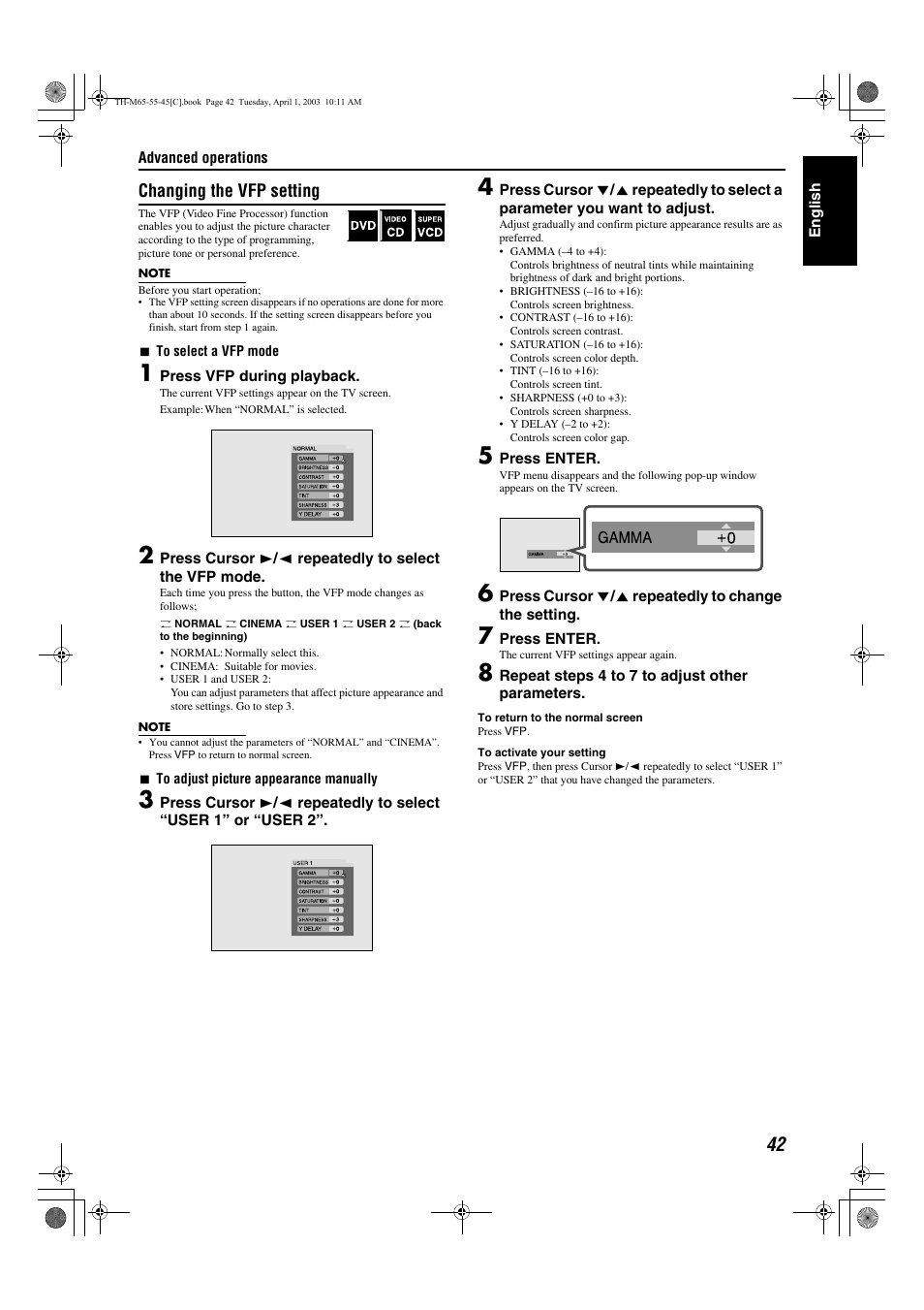 A pg. 42, Video fine processor (vfp), Changing the vfp setting | JVC TH-M45 User Manual | Page 113 / 134