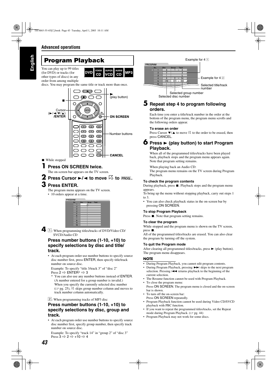 A pg. 43, A pg. 43), 1 to 3 | Program playback (program), Program playback | JVC TH-M45 User Manual | Page 114 / 134