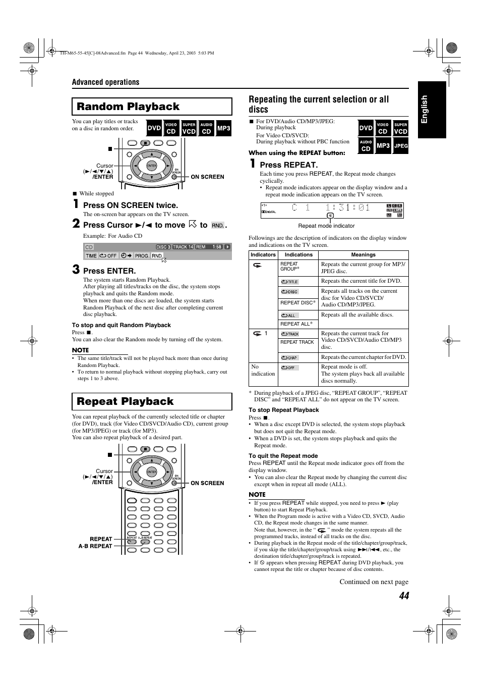 S a pg. 44, A pg. 44, A pg. 44) | Random playback, Repeat playback, Random playback repeat playback, Repeating the current selection or all discs | JVC TH-M45 User Manual | Page 115 / 134