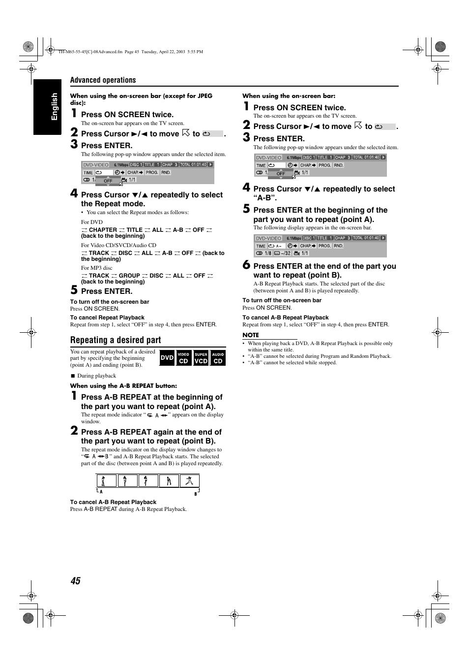 A pg. 45, A-b repeat playback, To 45 | JVC TH-M45 User Manual | Page 116 / 134