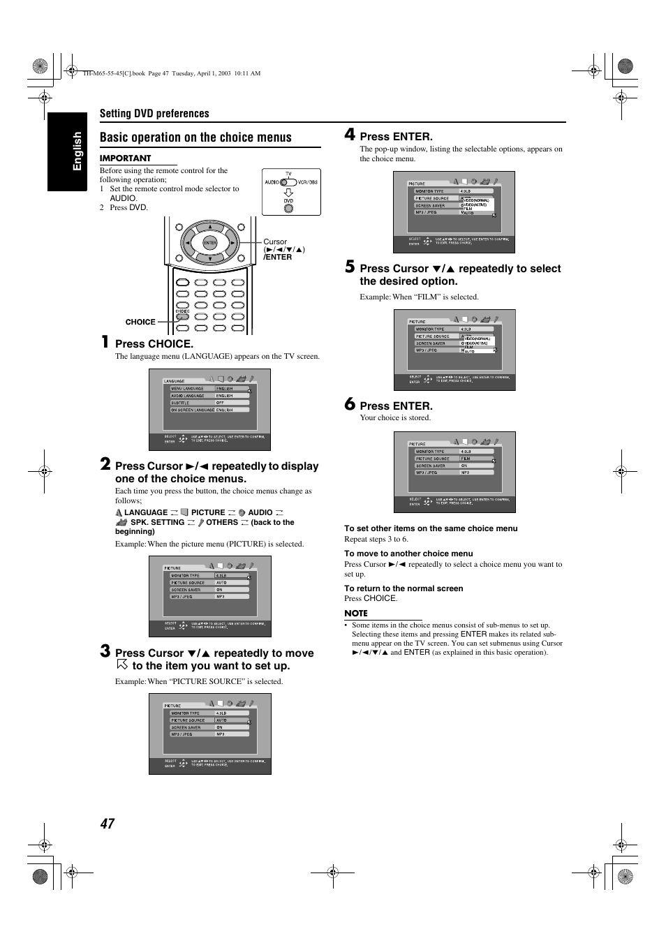 Basic operation on the choice menus | JVC TH-M45 User Manual | Page 118 / 134