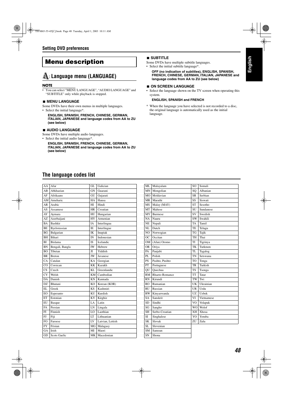 The language codes list, A pg. 48), Language menu (language) | Menu language (menu language), On-screen language (on screen language), Menu description, Setting dvd preferences, English | JVC TH-M45 User Manual | Page 119 / 134