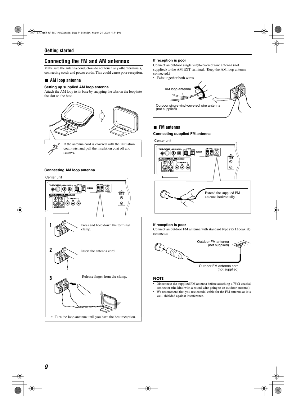 Connecting the fm and am antennas, Getting started | JVC TH-M45 User Manual | Page 12 / 134