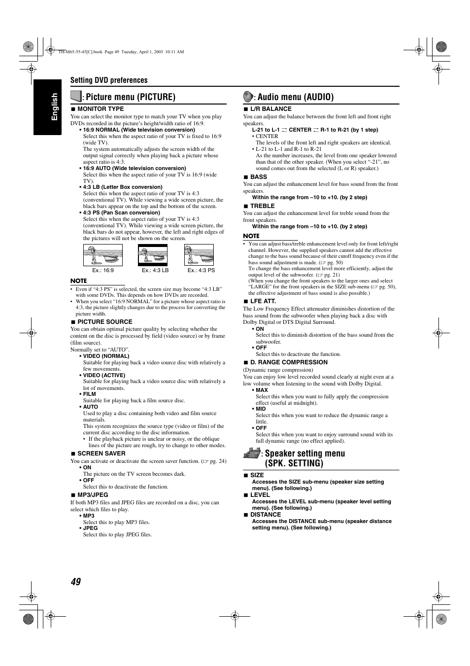 A pg. 49), A pg. 49, 5, A pg. 49 | Audio menu (audio), Picture menu (picture), Speaker setting menu (spk. setting), Monitor type (monitor type), 9 auto 16:9 normal 4:3 lb 4:3 ps, Ture), Audio) | JVC TH-M45 User Manual | Page 120 / 134