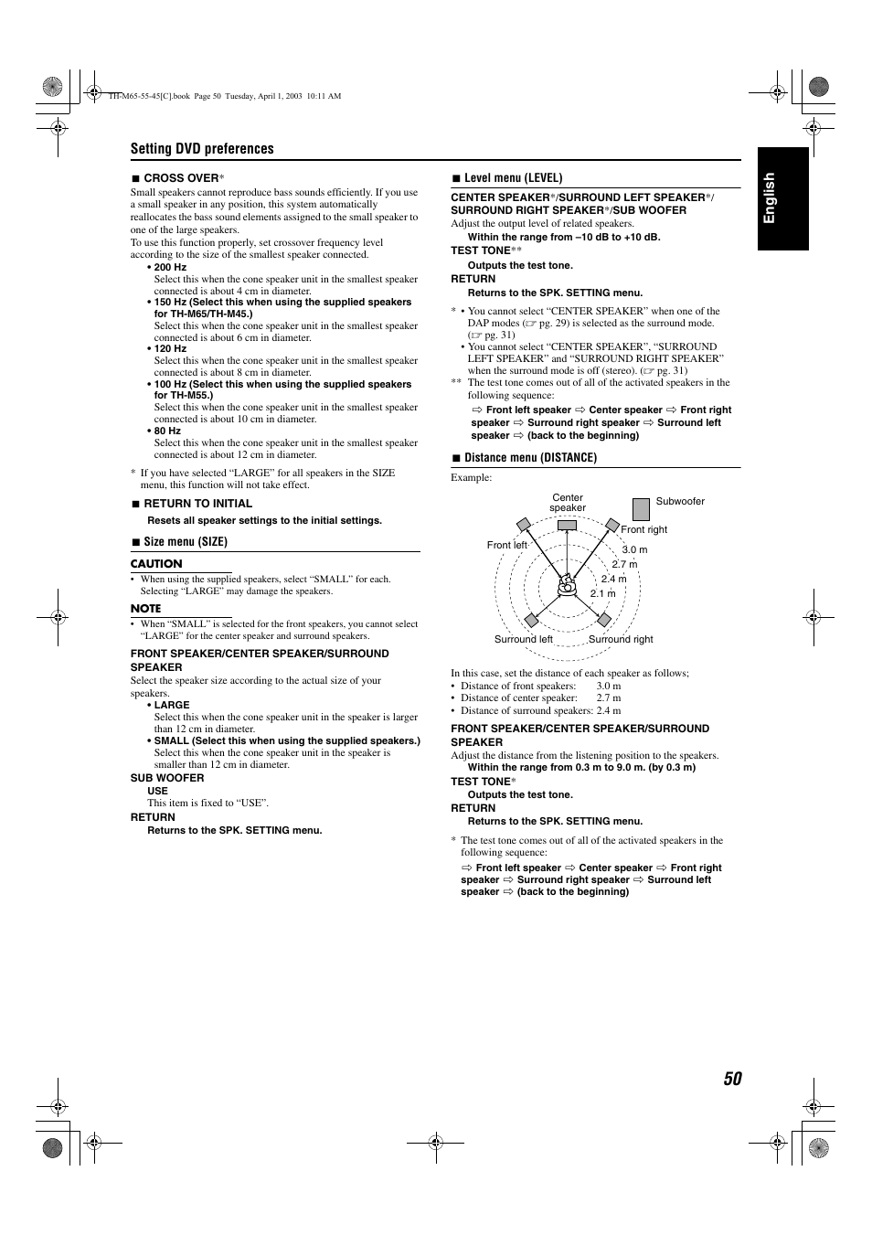 A pg. 50), Distance menu (distance), Level menu (level) | Size menu (size), Crossover (cross over) , 54, T speakers in the size sub-menu, Setting dvd preferences, English | JVC TH-M45 User Manual | Page 121 / 134