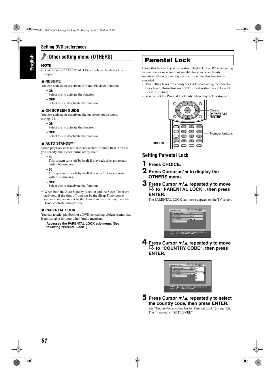 A pg. 51), A pg. 51) and you stop, Ge 51 | Wing “parental lock”.), Auto standby (auto standby), Other setting menu (others), Parental lock (parental lock), Ther setting menu (others), Parental lock, Setting parental lock | JVC TH-M45 User Manual | Page 122 / 134