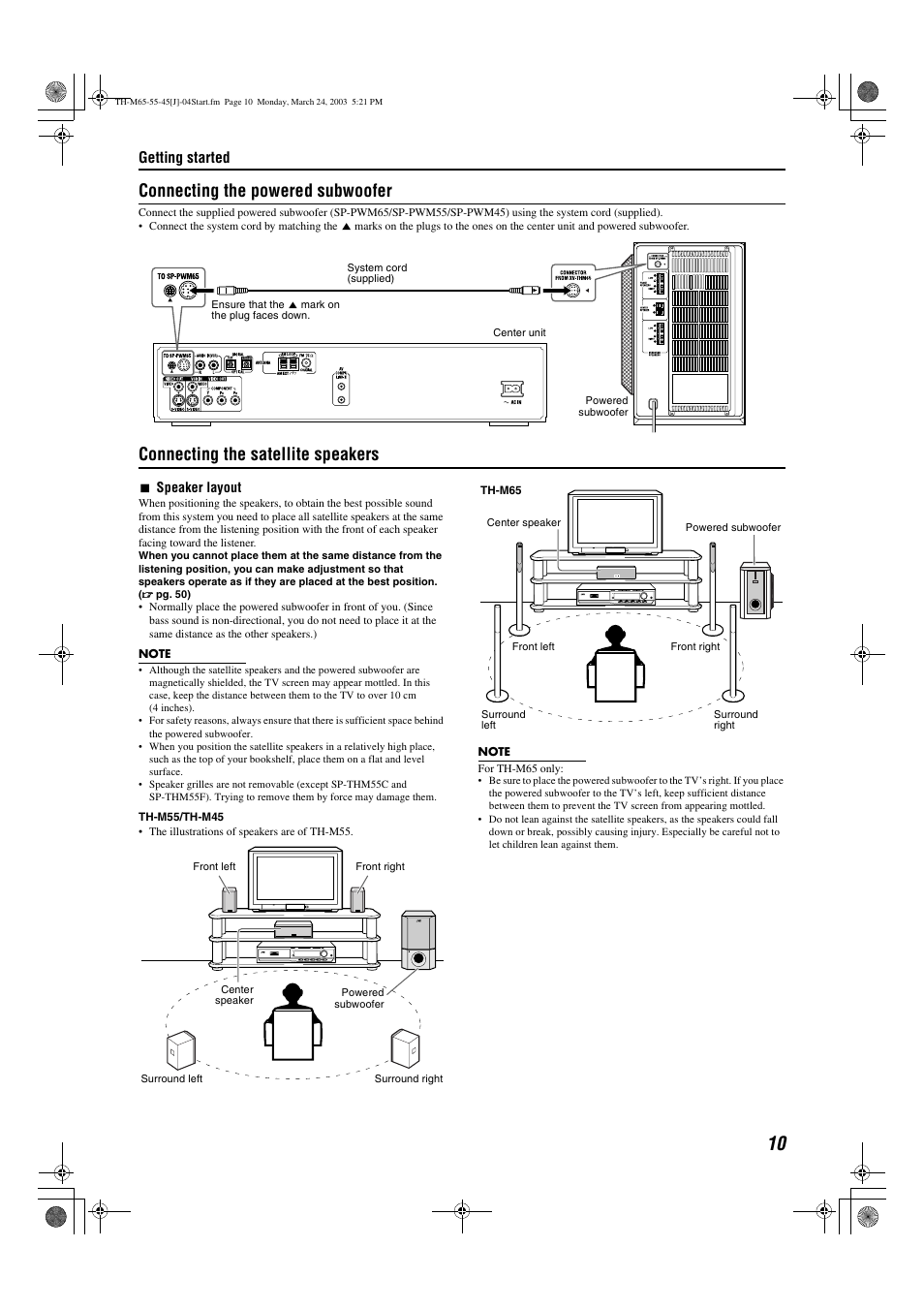 Connecting the powered subwoofer, Connecting the satellite speakers, Getting started | JVC TH-M45 User Manual | Page 13 / 134