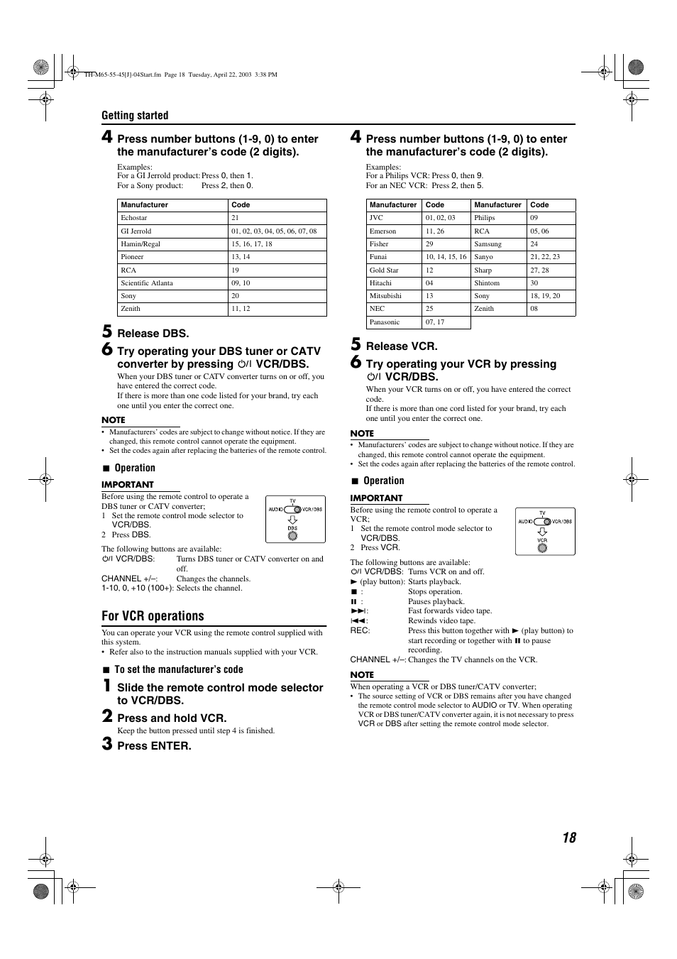 For vcr operations | JVC TH-M45 User Manual | Page 21 / 134