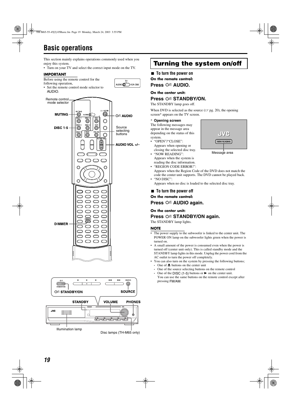 Basic operations, Turning the system on/off | JVC TH-M45 User Manual | Page 22 / 134