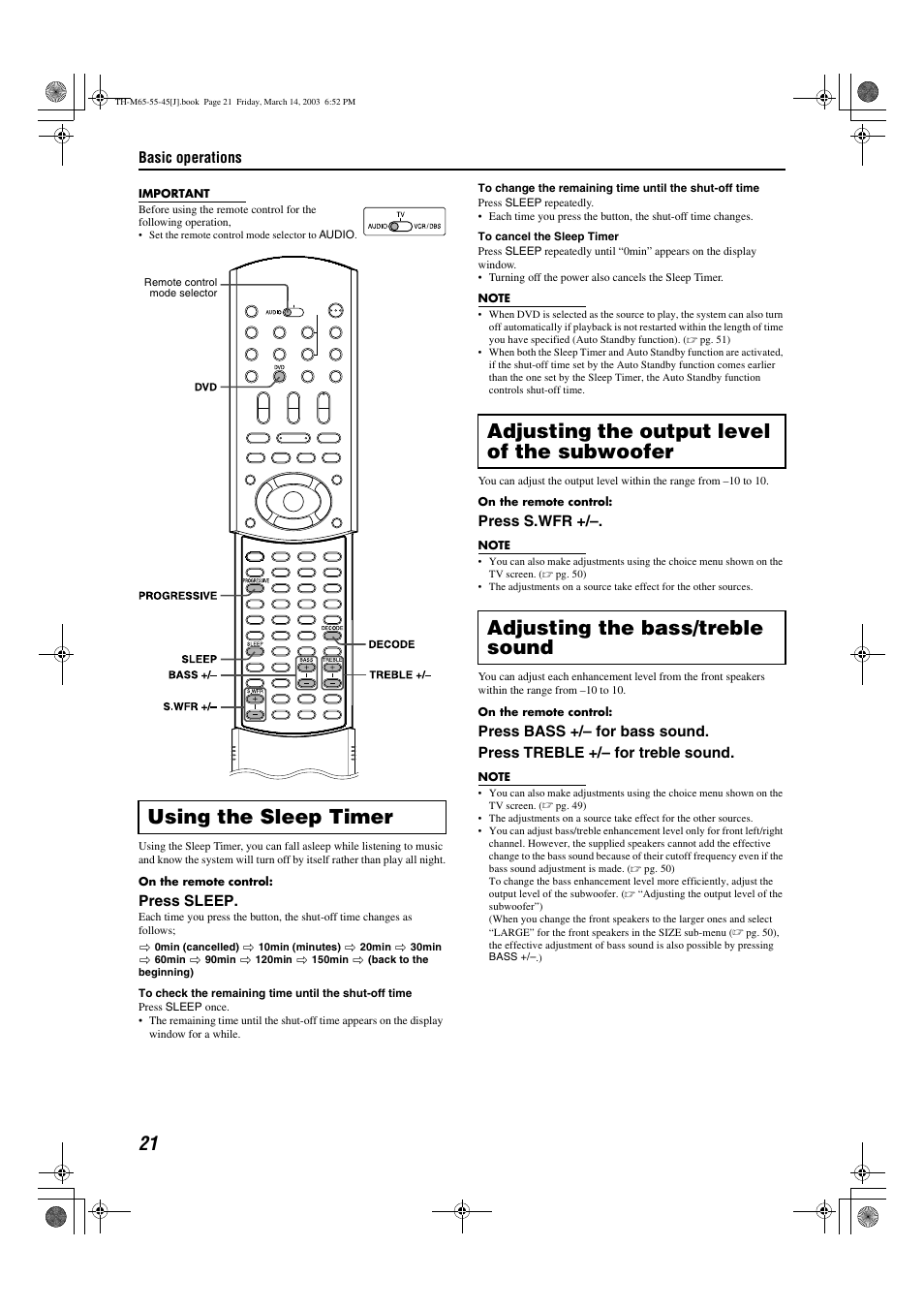 Using the sleep timer, Basic operations, Press sleep | Press s.wfr | JVC TH-M45 User Manual | Page 24 / 134