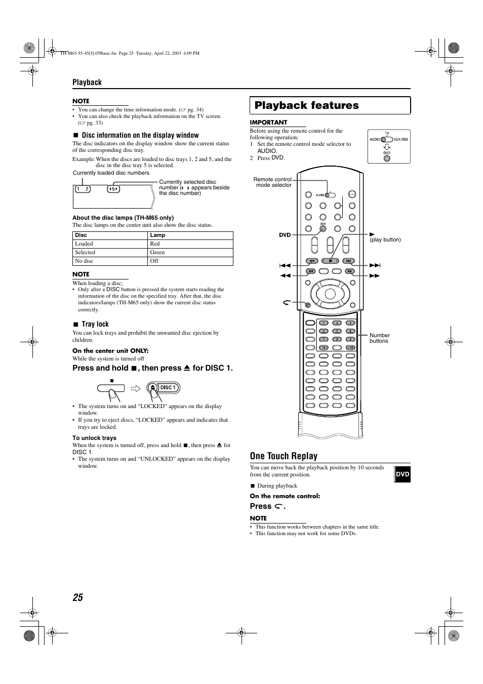 Playback features, One touch replay | JVC TH-M45 User Manual | Page 28 / 134