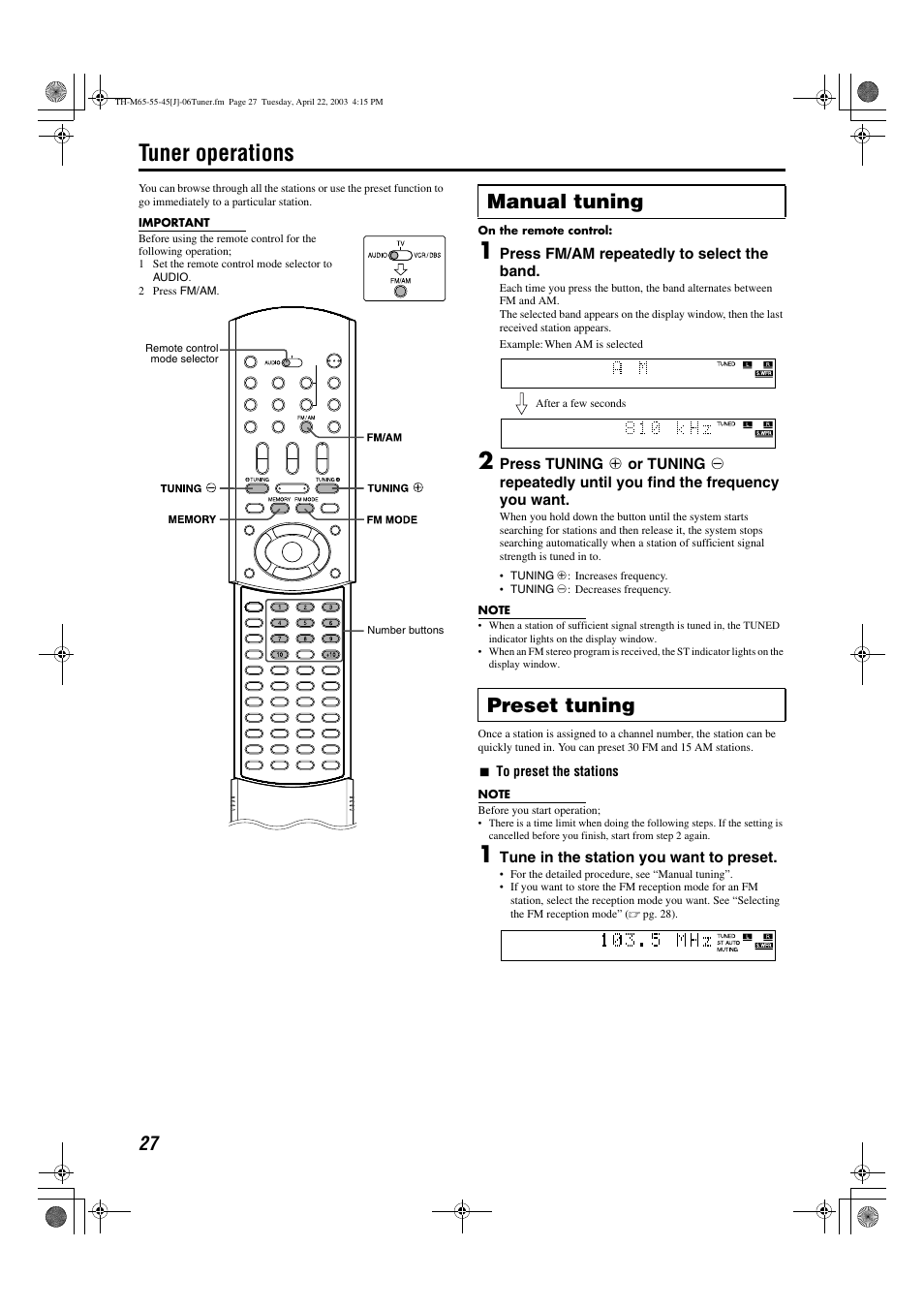 Tuner operations, Manual tuning preset tuning | JVC TH-M45 User Manual | Page 30 / 134