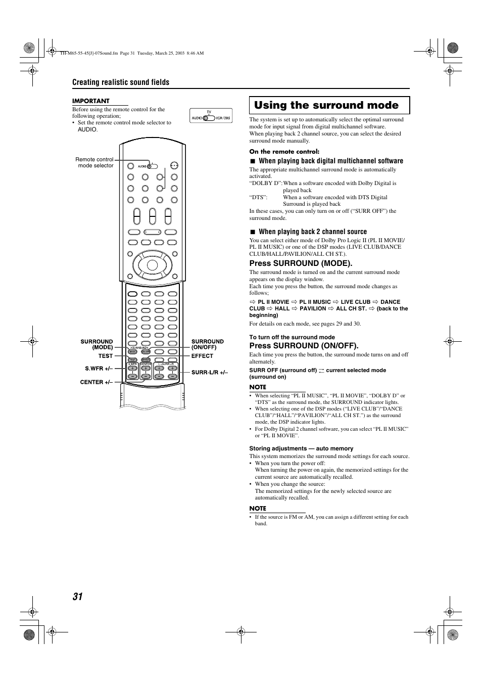 Using the surround mode, Creating realistic sound fields, Press surround (mode) | Press surround (on/off) | JVC TH-M45 User Manual | Page 34 / 134