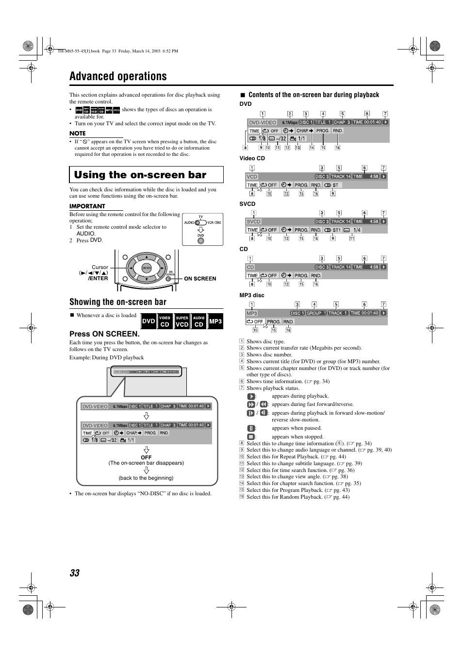 Advanced operations, Using the on-screen bar, Showing the on-screen bar | Press on screen | JVC TH-M45 User Manual | Page 36 / 134