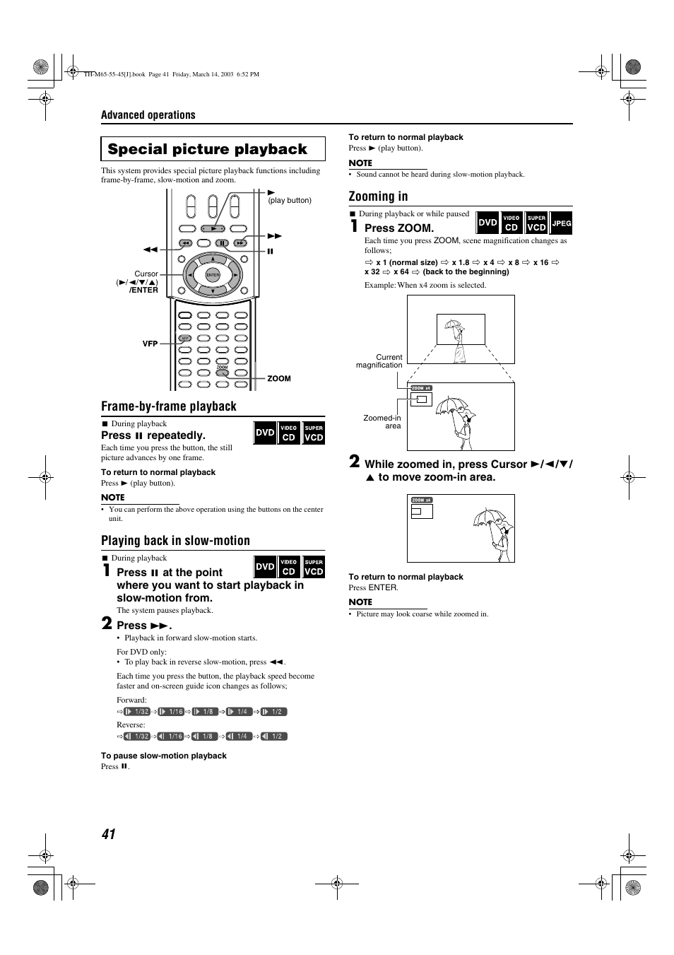 Special picture playback, Frame-by-frame playback, Playing back in slow-motion | Zooming in | JVC TH-M45 User Manual | Page 44 / 134