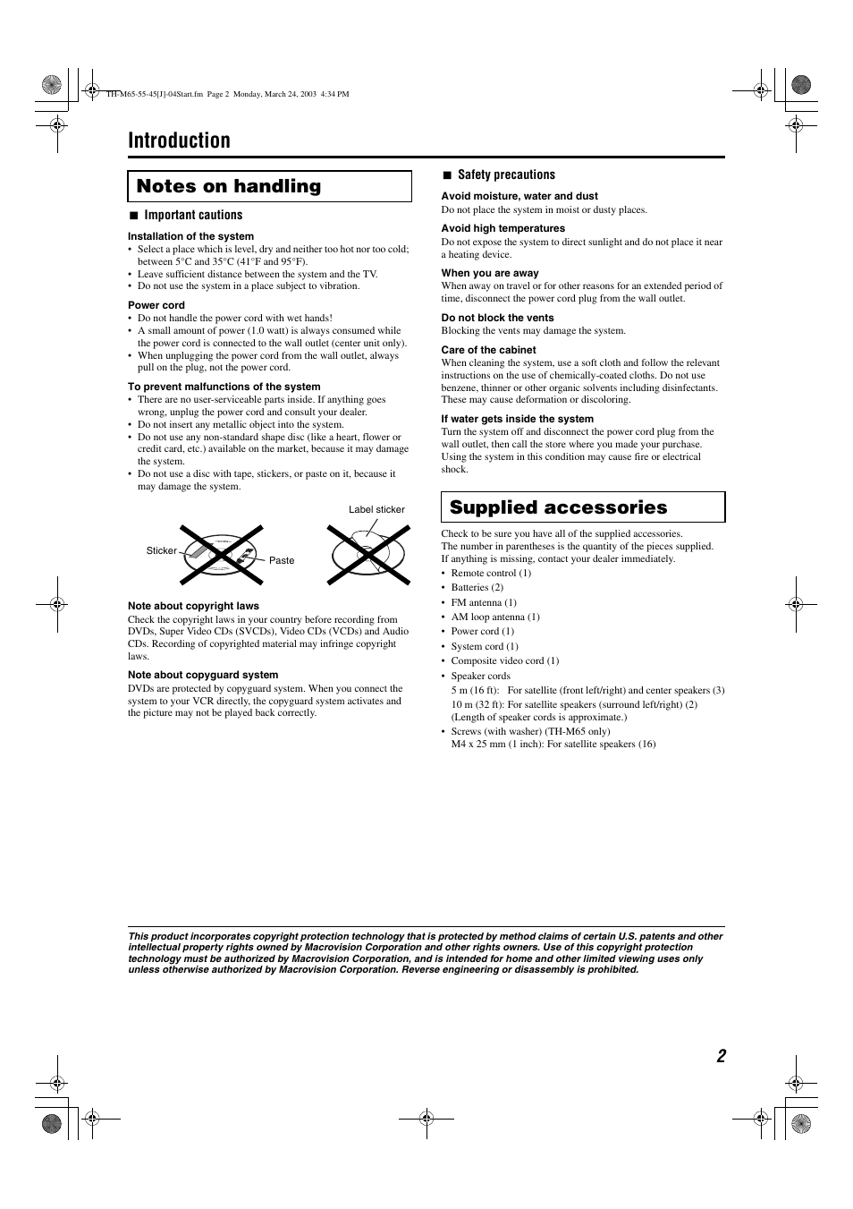 Introduction, Supplied accessories | JVC TH-M45 User Manual | Page 5 / 134