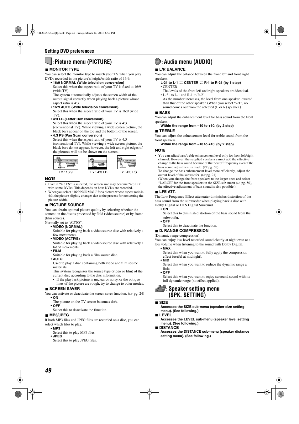 Picture menu (picture), Audio menu (audio), Speaker setting menu (spk. setting) | Setting dvd preferences | JVC TH-M45 User Manual | Page 52 / 134